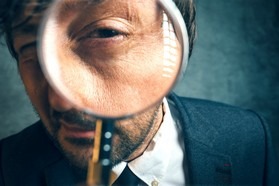 Enlarged eye of tax inspector looking through magnifying glass