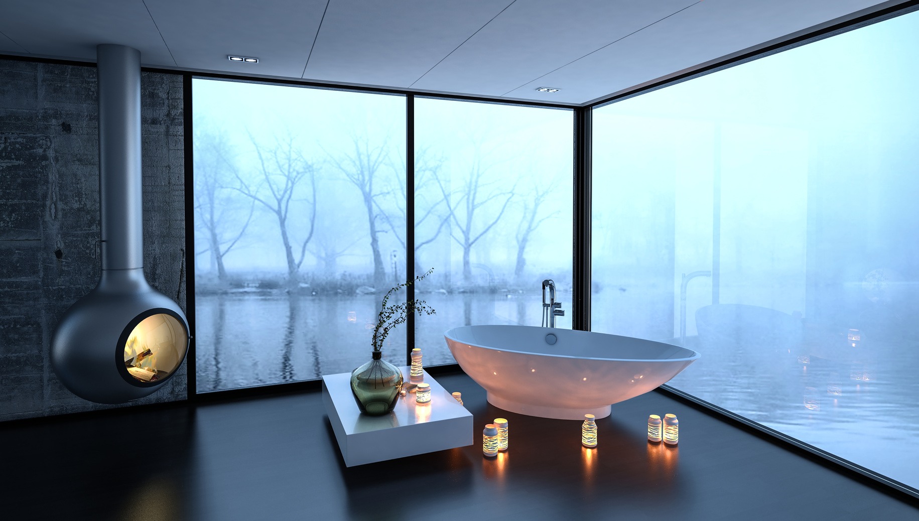 Bathtub surrounded by fireplace and candles